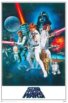  Luke Skywalker alza su sable de luz hacia el cielo estrellado, mientras la silueta imponente de Darth Vader domina el fondo y naves espaciales surcan el horizonte. Este primer póster de La Guerra de las Galaxias evoca la épica galáctica, el heroísmo clásico y la promesa de una aventura que marcaría generaciones. (Foto: Fuente Externa). 