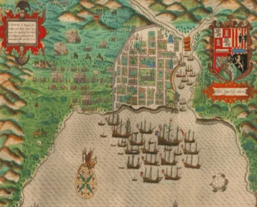  Imagen que recoge el ataque del corsario Francis Drake a la ciudad de Santo Domingo entre enero y febrero de 1586, la cual fue saqueada e incendiada, donde se quemó el original de la Bula In Apostolatus Culmine y otros documentos coloniales y reales.