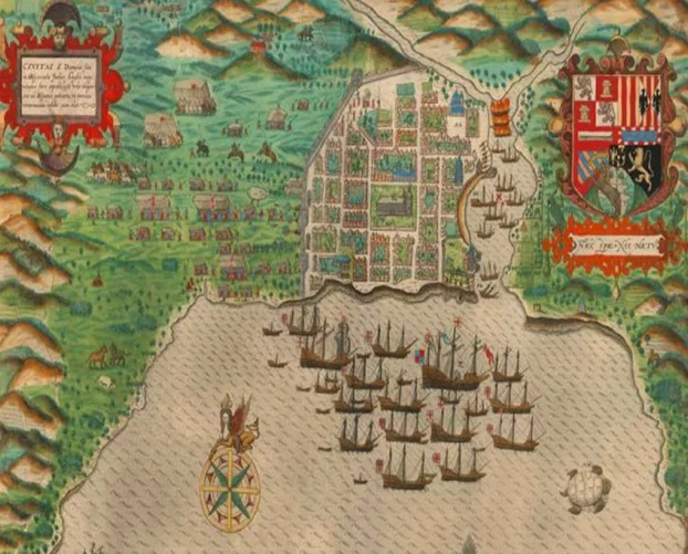  Imagen que recoge el ataque del corsario Francis Drake a la ciudad de Santo Domingo entre enero y febrero de 1586, la cual fue saqueada e incendiada, donde se quemó el original de la Bula In Apostolatus Culmine y otros documentos coloniales y reales.