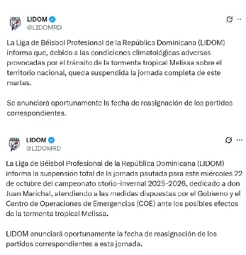 Tormenta tropical Melissa deja sin juegos de pelota al martes y al miércoles