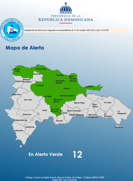 COE eleva a 12 las provincias en alerta verde por una vaguada COE eleva a 12 las provincias en alerta verde por una vaguada