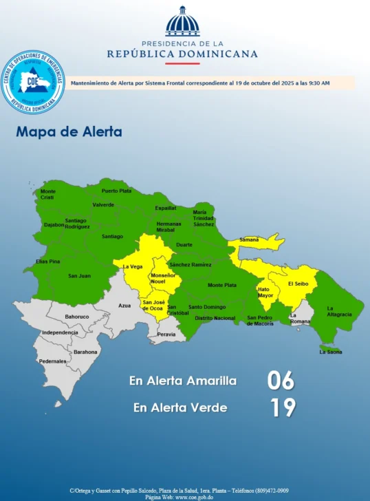 Mantienen 6 provincias en alerta amarilla y 19 en verde por posibles inundaciones Mantienen 6 provincias en alerta amarilla y 19 en verde por posibles inundaciones