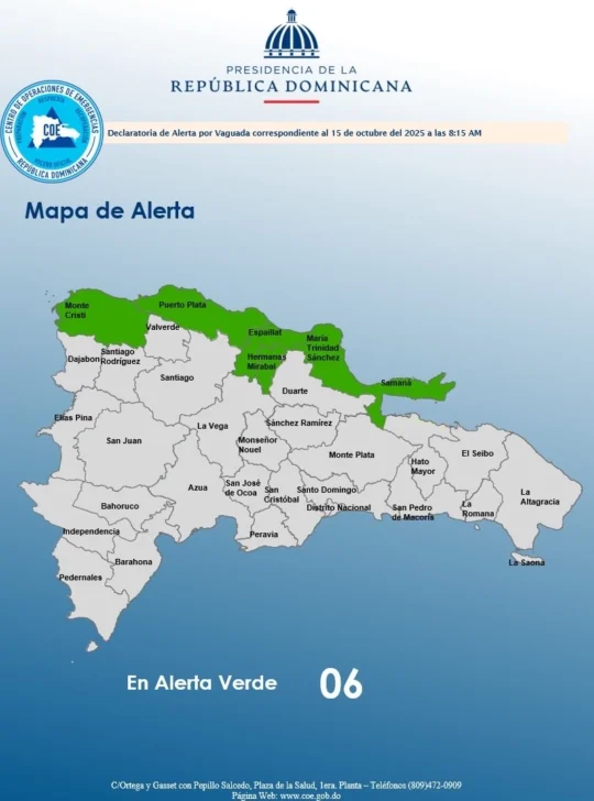 COE coloca seis provincias en alerta verde COE coloca seis provincias en alerta verde