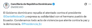 Cancillería dominicana repudia ataque a Noboa y se solidariza con Ecuador