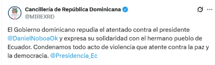 Cancillería dominicana repudia ataque a Noboa y se solidariza con Ecuador Cancillería dominicana repudia ataque a Noboa y se solidariza con Ecuador