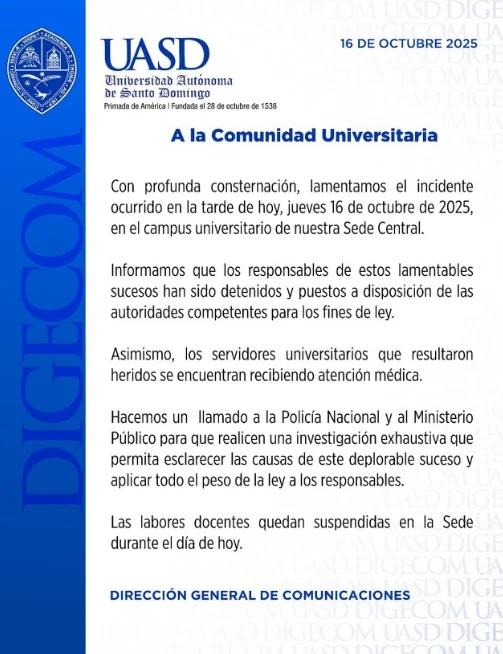 PN confirma dos heridos con arma de fuego en la UASD y que el atacante fue golpeado y apresado PN confirma dos heridos con arma de fuego en la UASD y que el atacante fue golpeado y apresado