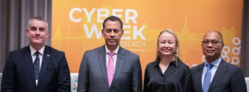  1. Michel Segura, Guido Gómez Mazara, Lina Areng y Melvin Asin, durante la inauguración del foro CyberWeek@LAC4 2025, en Santo Domingo, RD.