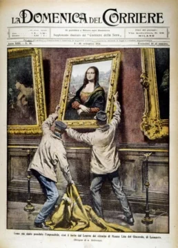  A. Beltrame, Robo de la Mona Lisa, ilustración del semanario La Domenica del Corriere, del 3 al 10 de septiembre de 1911. (Archivos de la autora).