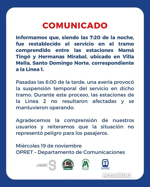 Se registra nueva interrupción en el Metro de Santo Domingo