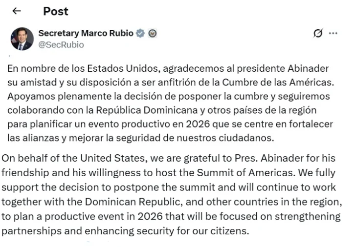 EEUU apoya decisión dominicana de posponer la Cumbre hasta 2026 EEUU apoya decisión dominicana de posponer la Cumbre hasta 2026