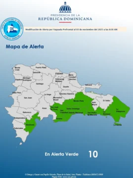 COE mantiene nueve provincias y al Distrito Nacional en alerta verde