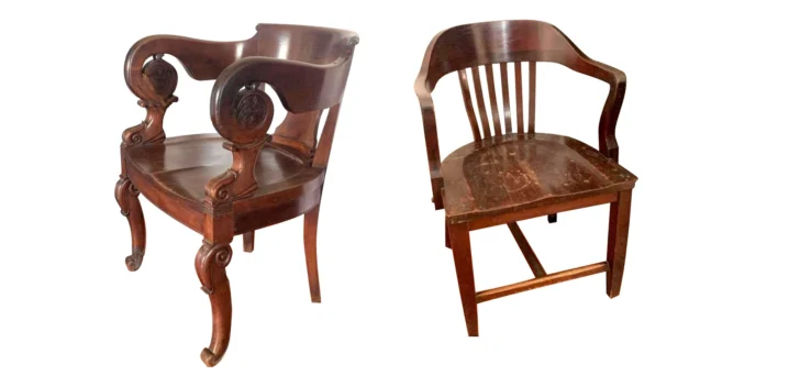  Muestra de Silla presidencial de los años 30 y sillas de los colaboradores en oficinas del estado entre la gran variedad de producidas con diferentes estilos que se utilizaron hasta los años 70s en oficinas estatales – Colección Sergio Cross