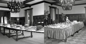  Comedor Principal de la Secretaría de Relaciones Exteriores obra de Palacios quien trabajó techumbres de viguería horizontal, así como techumbres de casetones, regularmente planas, como se observa en muchas clases de los siglos XVIII y XV. – AGN