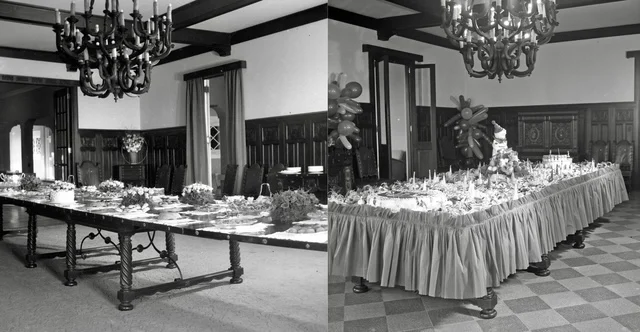  Comedor Principal de la Secretaría de Relaciones Exteriores obra de Palacios quien trabajó techumbres de viguería horizontal, así como techumbres de casetones, regularmente planas, como se observa en muchas clases de los siglos XVIII y XV. – AGN