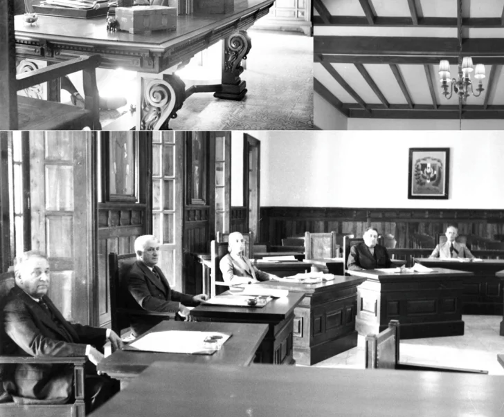  Interior del Palacio del Senado (anteriormente en el Palacio de Borgellá) y en imágenes superiores un escritorio al estilo palacios y viguerías utilizadas en interiorismos como en el interior de la Secretaría de Relaciones Exteriores - AGN