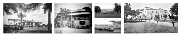  Obras en las que trabajó interiorismo y mobiliario, de izquierda a derecha, la hacienda Ramfis antigua estancia Michelena, el chalet delantero en la hacienda fundación, la residencia Trujillo- Martínez en lo que hoy es la Biblioteca Nacional y última foto la entonces Secretaría de la Presidencia – AGN