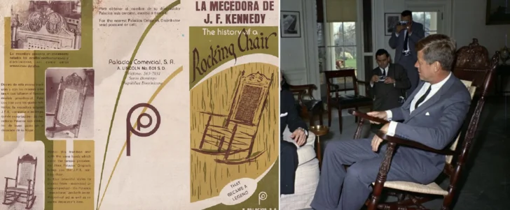  La mecedora Dominicana de Pascual Palacios el 4 de abril de 1962 utilizada por el John F. Kennedy Presidente 35.º de los Estados Unidos. Se muestra un folleto de Palacios Comercial con la célebre pieza con centro distribuidor en la avenida Lincoln de Santo Domingo. En lo adelante, se conoció a Bonilla como “Toño mecedora” – Colección Sergio Cross