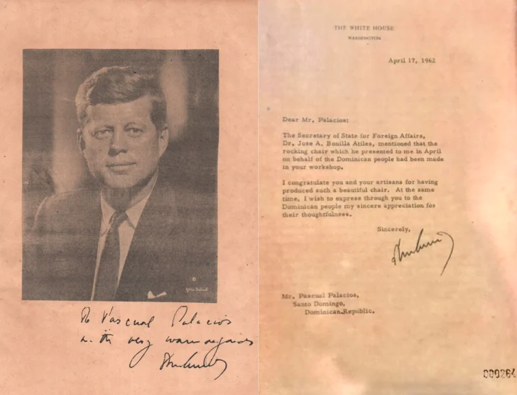  Carta enviada por John F. Kennedy en 1962 a Pascual Palacios en agradecimiento por la mecedora presidencial con los escudos nacionales de Estados Unidos y la República Dominicana – Colección Sergio Cross