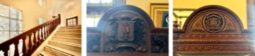  Balaustradas de madera y tragaluces en escaleras secundarias del Palacio de Gobierno Dominicano y acercamiento a escudos en sillas de la colección histórica – Comisión de Restauración y Conservación del Palacio Nacional & su entorno