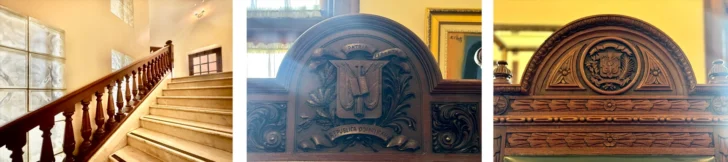  Balaustradas de madera y tragaluces en escaleras secundarias del Palacio de Gobierno Dominicano y acercamiento a escudos en sillas de la colección histórica – Comisión de Restauración y Conservación del Palacio Nacional & su entorno
