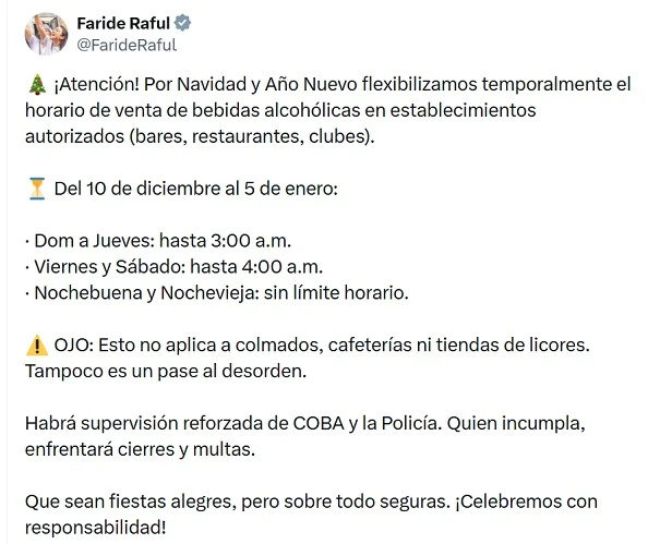 Faride anuncia flexibilización horario ventas de alcohol en bares y restaurantes por fiestas Faride anuncia flexibilización horario ventas de alcohol en bares y restaurantes por fiestas