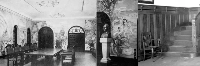  Mobiliario de Pascual Palacios en salón del Consejo Administrativo, busto de Manolo Pascual con Mural de J. Vela Zanetti y tercera foto escaleras y silla de la última renovación por D’Alessandro a la Mansión Presidencial antes de ser demolida en 1944 - AGN