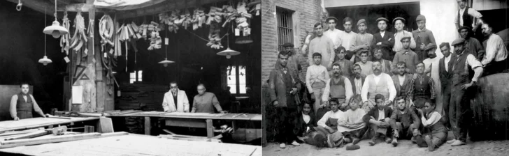  Simón Loscertales maestro internacional de las artes decorativas con ayudantes en su fábrica de muebles. En segunda foto el maestro Malaquías Gil Pelacho entre sus obreros, Zaragoza (España) - Loscertales y Cortesía de la Familia Gil