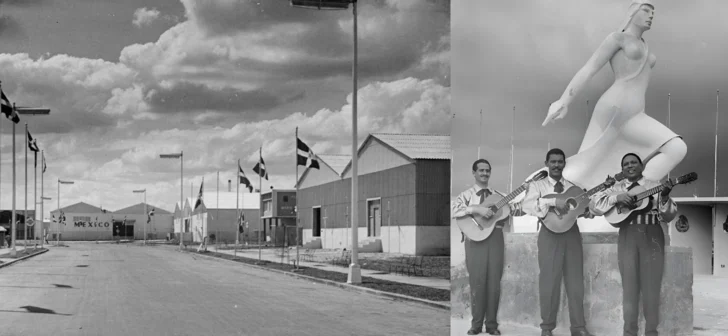  Imágenes donde se aprecian diversos pabellones como el de México al fondo y una foto de un Trío musical con la escultura de la Dama en Fuga de la entrada sur de la feria, obra de Hipólito de la Cruz – AGN