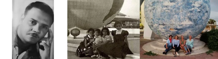  El arquitecto Amable Frómeta (1920-1973) y sus hijas del primer matrimonio: Sara, América, Mayra y Wanda en el Pabellón de las Naciones (Portada de la Feria), obra de su padre. También son hijos de Frómeta de un segundo matrimonio: el reconocido ingeniero de sonido José Amable Frómeta y el músico Guy Frómeta – Archivos de Sergio Cross
