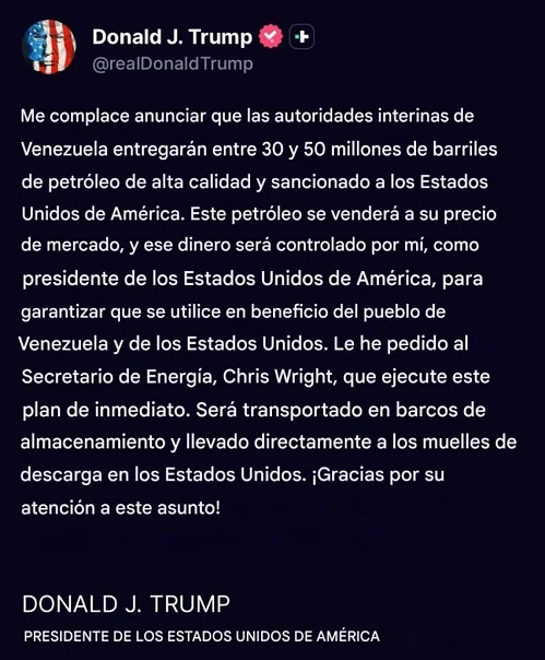Delcy dice gobernar sin presión externa, pero Trump le exige 50 millones de barriles de petróleo