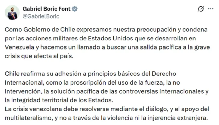 Chile condena ataque de EEUU en Venezuela y llama a una salida pacífica