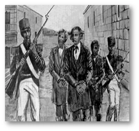 Duarte-cuando-era-conducido-a-la-Torre-del-Homenaje-para-su-posterior-destierro-por-ordenes-del-general-Pedro-Santana-en-agosto-de-1844-Dibujo-de-Alberto-Bass