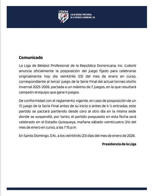 Lluvia moja demasiado el Quisqueya y obliga a posponer tercer juego de la final LIDOM