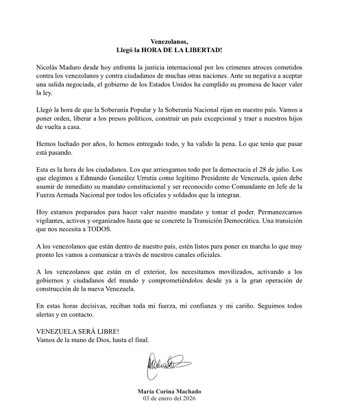 María Corina Machado: 'Llegó la hora de la libertad'