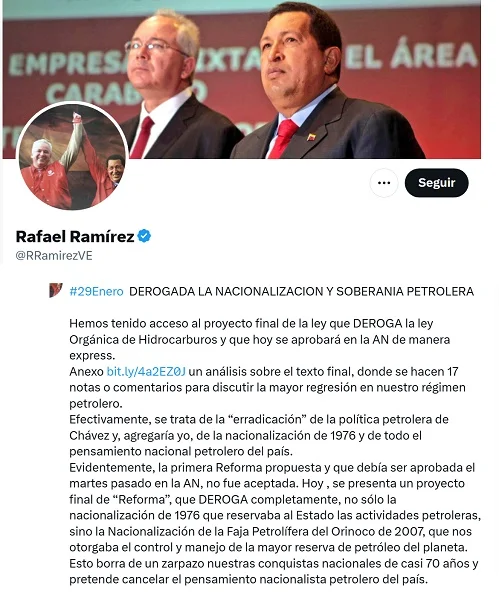 Exministro de Hugo Chávez dice se ha derogado la nacionalización petrolera