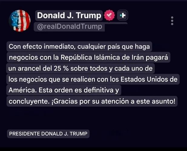 Trump: cualquier país que 'haga negocios' con Irán será castigado con arancel de 25 % Trump: cualquier país que 'haga negocios' con Irán será castigado con arancel de 25 %