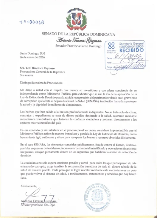 Taveras formaliza acción para la rápida recuperación de recursos públicos robado en SENASA