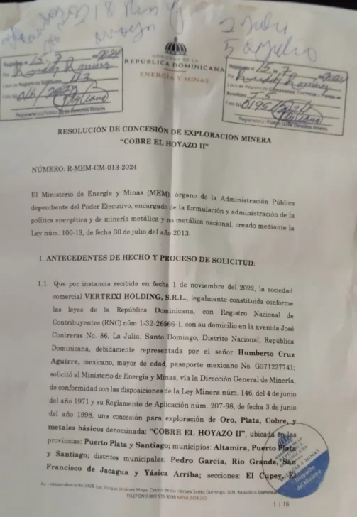  Contrato de explotación  en la zona de la Cordillera Septentrional; el presidente precisa que lo desconocía.