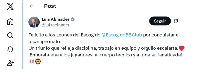 Presidente Abinader felicita a Leones del Escogido por bicampeonato