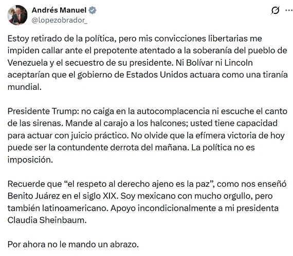 López Obrador le pide a Trump mandar 'al carajo a los halcones' de la guerra