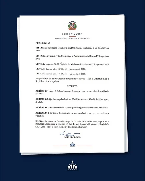 Abinader nombra a Antoliano Peralta como ministro de Justicia y a Jorge Subero consultor jurídico