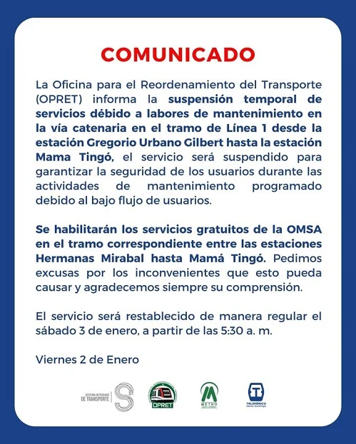 Metro suspende hasta el sábado servicio entre estaciones Gregorio Urbano Gilbert y Mamá Tingó