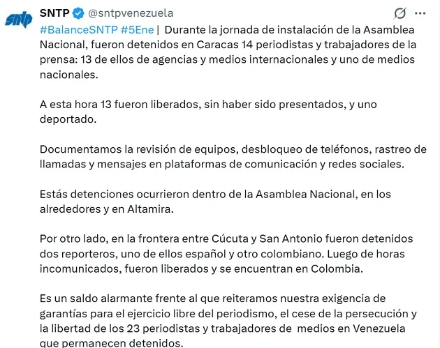 Gobierno de Delcy deporta a un corresponsal y libera a 14 periodistas detenidos este lunes