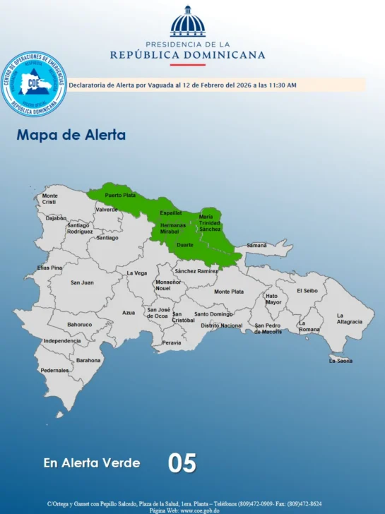 COE emite alerta verde para cinco provincias por incidencia de vaguada y sistema frontal