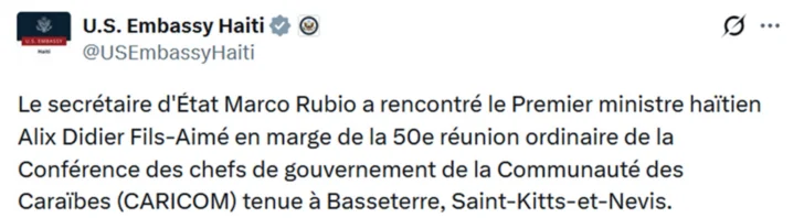 Rubió reiteró a primer ministro haitiano apoyo de EEUU a lucha contra bandas armadas