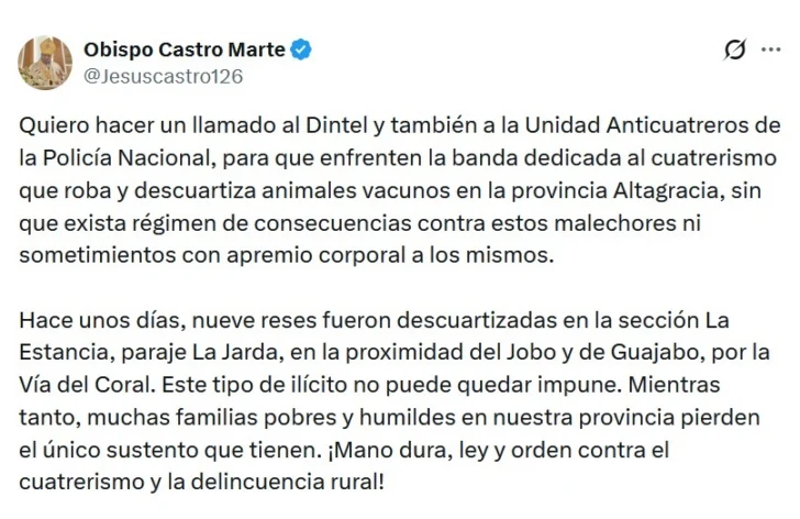 Obispo denuncia descuartizan vacunos robados a familias pobres