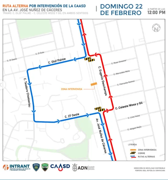 INTRANT cerrará tramo de la Núñez de Cáceres este domingo y ofrece rutas alternas
