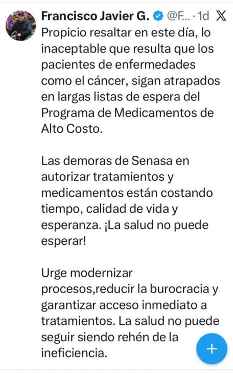 Francisco Javier García cuestiona pacientes con cáncer no reciban medicamentos de Alto Costo