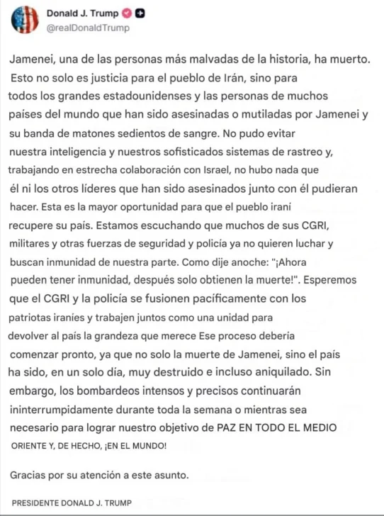 Así anunció Trump la muerte del líder supremo de Irán, Alí Jameneí