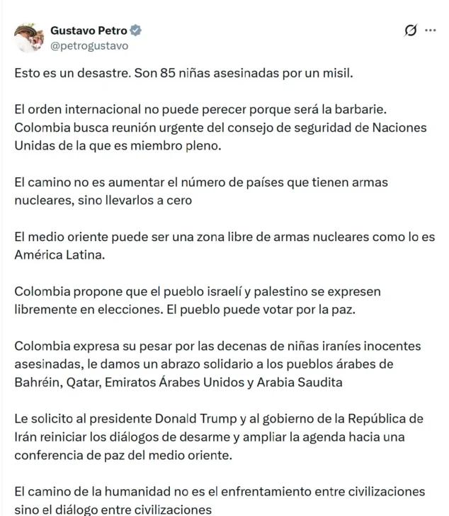 Petro: 'Trump se equivoca' con ataque contra Irán Petro: 'Trump se equivoca' con ataque contra Irán